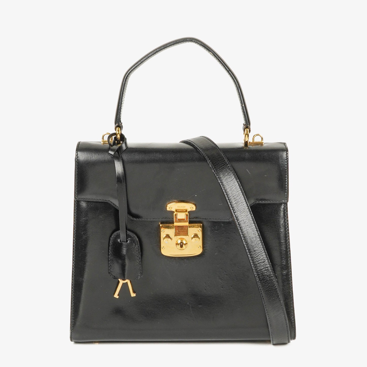 Gucci Vintage Lady Lock Tasche aus glänzendem schwarzem Leder