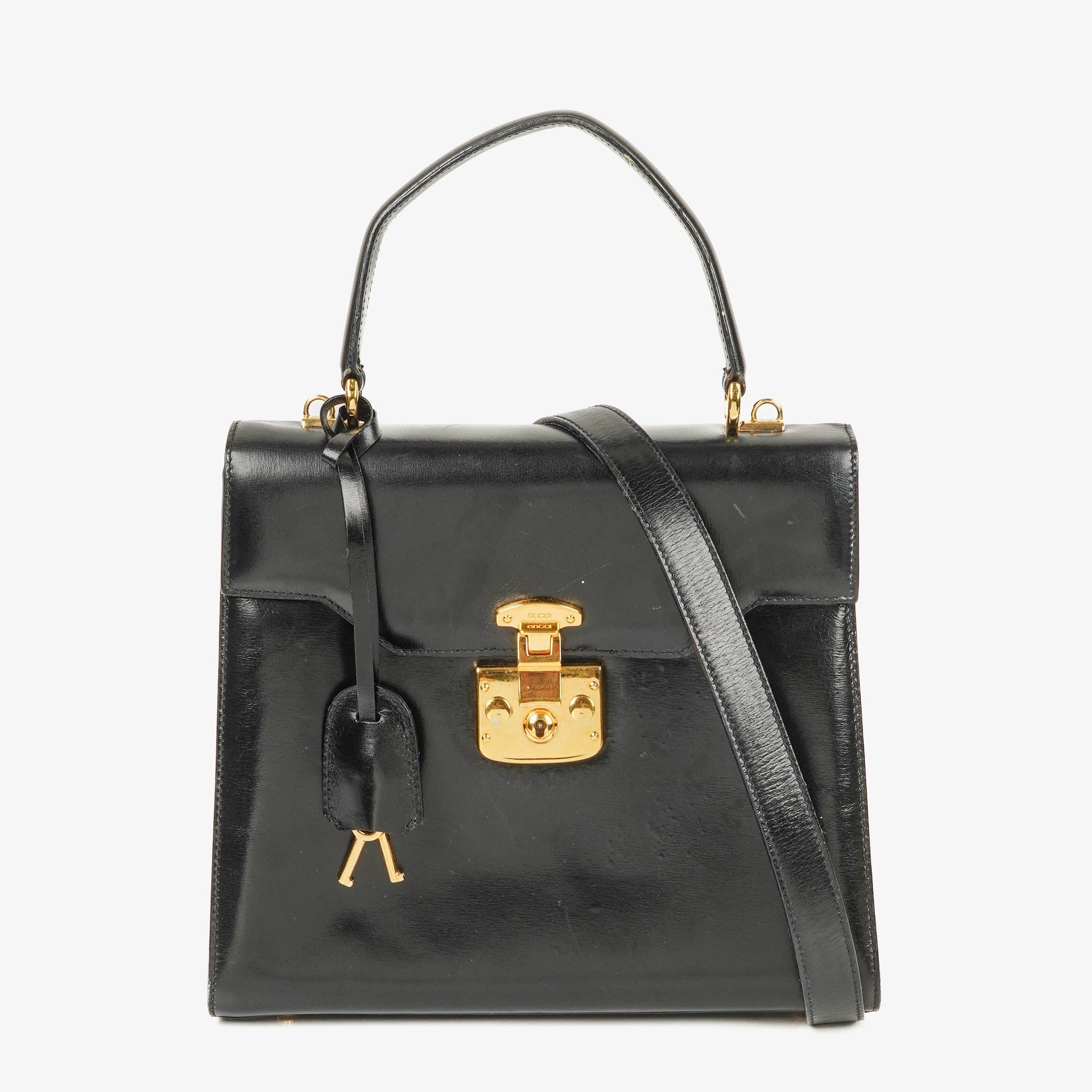 Gucci Vintage Lady Lock Tasche aus glänzendem schwarzem Leder