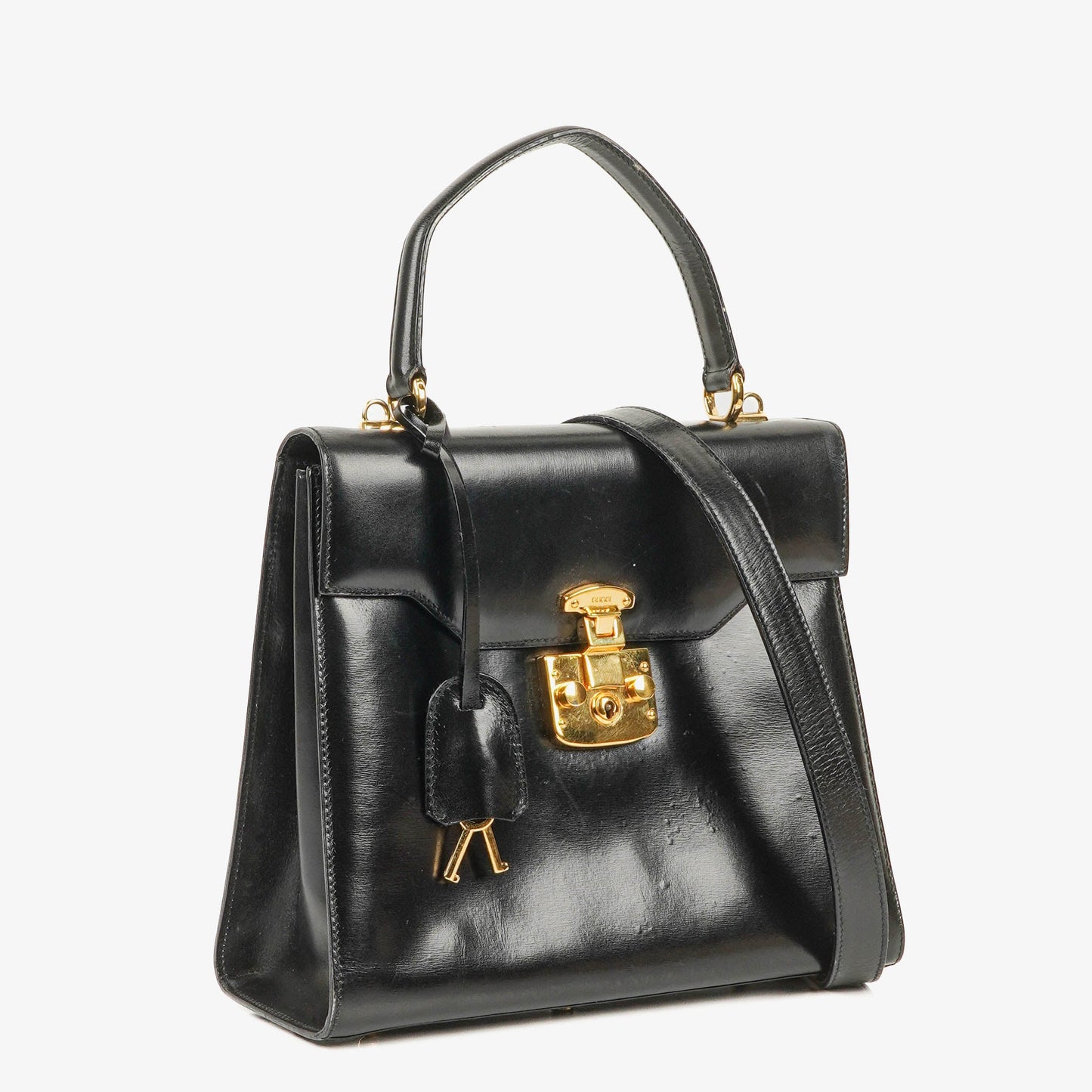 Gucci Vintage Lady Lock Tasche aus glänzendem schwarzem Leder