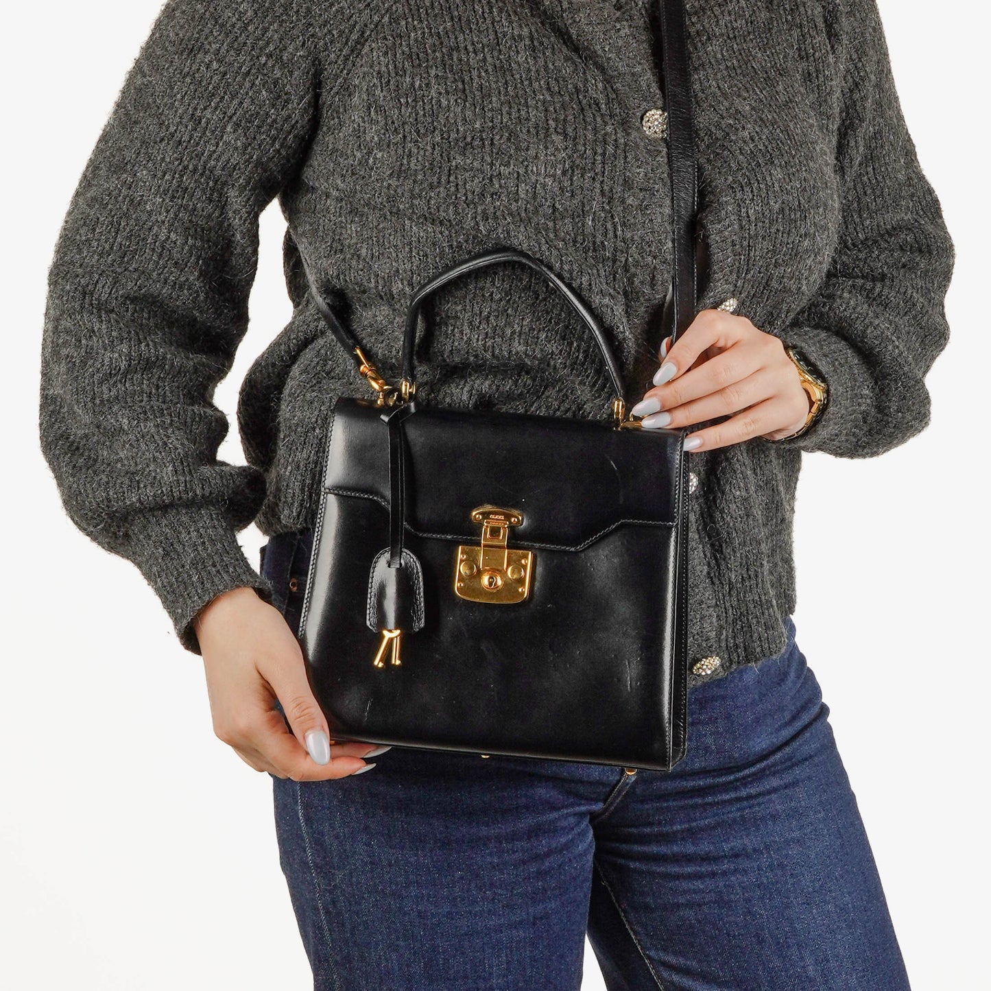 Gucci Vintage Lady Lock Tasche aus glänzendem schwarzem Leder