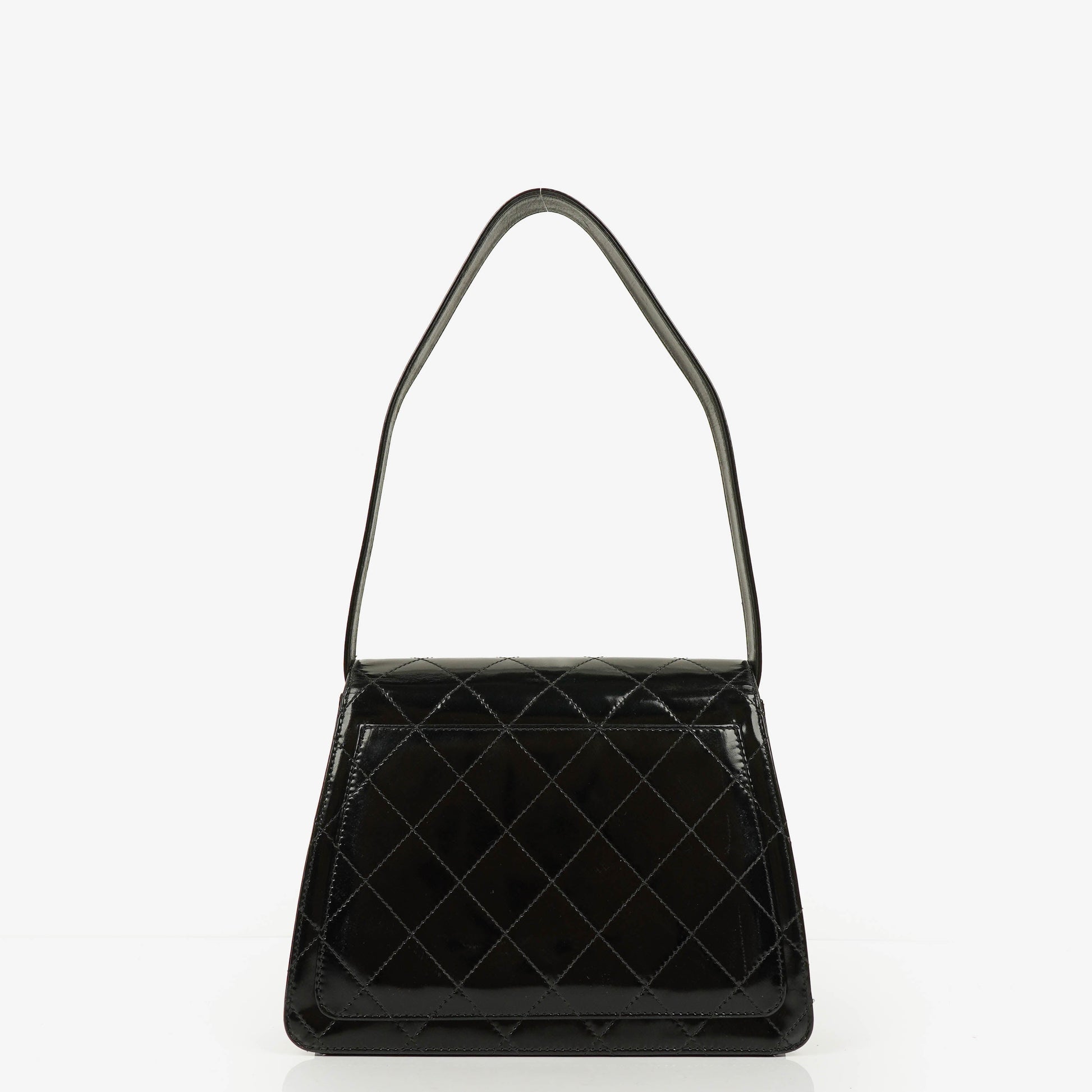 Chanel Top-Handle-Klappentasche aus schwarzem gestepptem Lackleder mit 24K vergoldeter Hardware