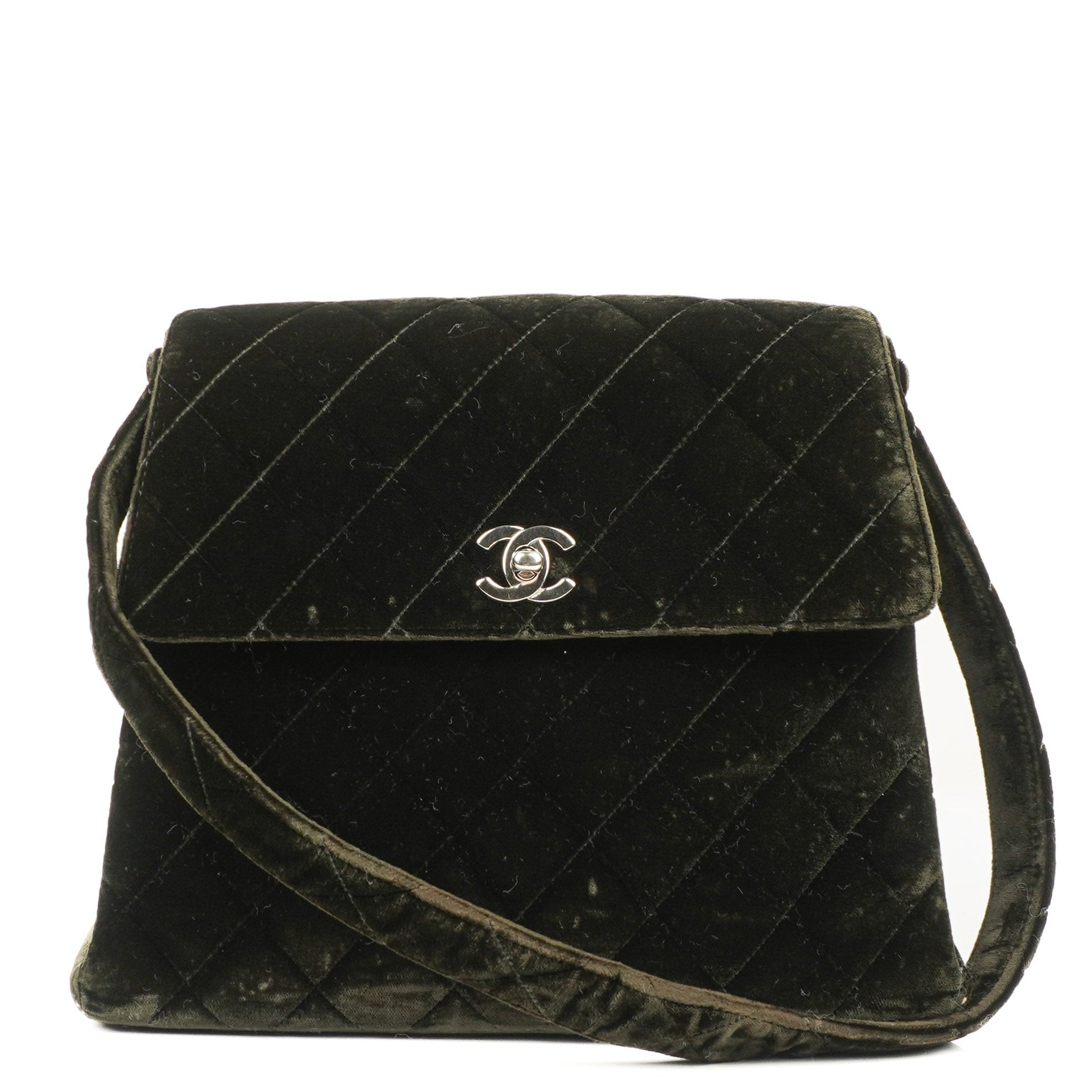 Chanel Flap Schultertasche aus olivgrünem gestepptem Samt