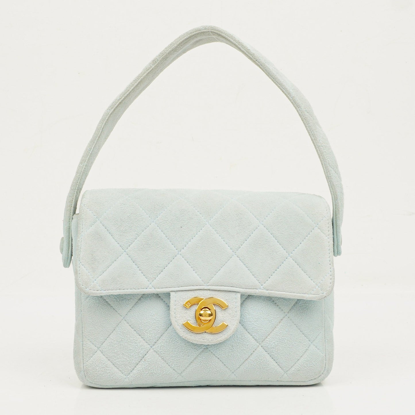 Chanel Vintage Mini Flap Tasche aus hellblauem gestepptem Wildleder