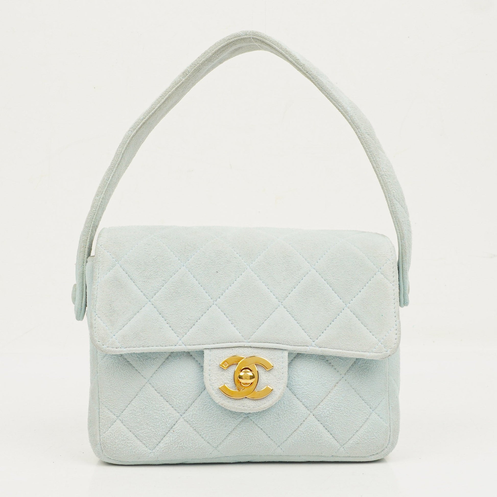 Chanel Vintage Mini Flap Tasche aus hellblauem gestepptem Wildleder