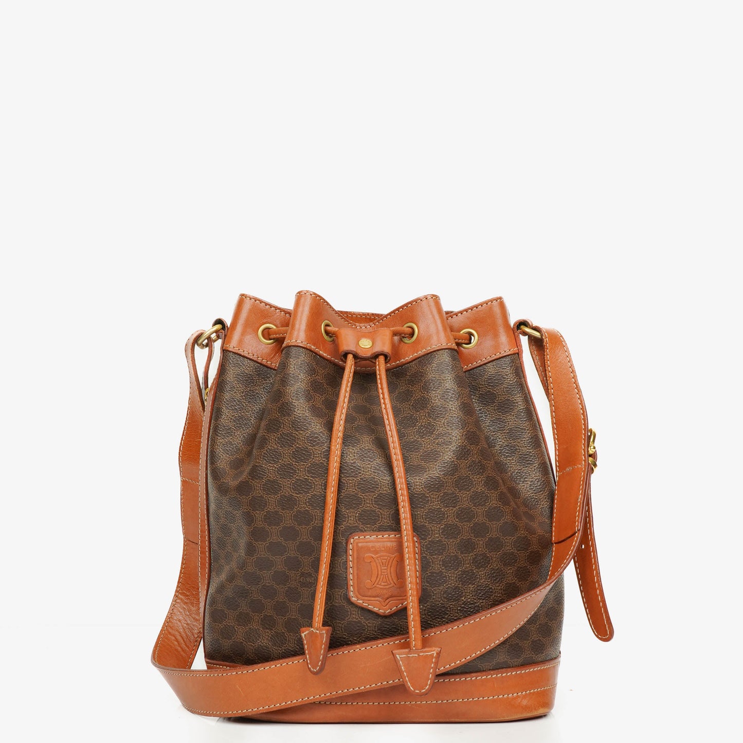 Celine Vintage Macadam Triomphe Bucket Bag mit Zugband in Braun