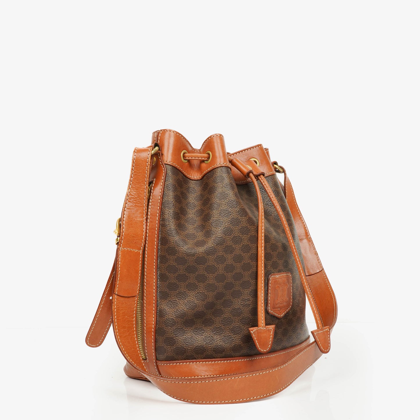 Celine Vintage Macadam Triomphe Bucket Bag mit Zugband in Braun