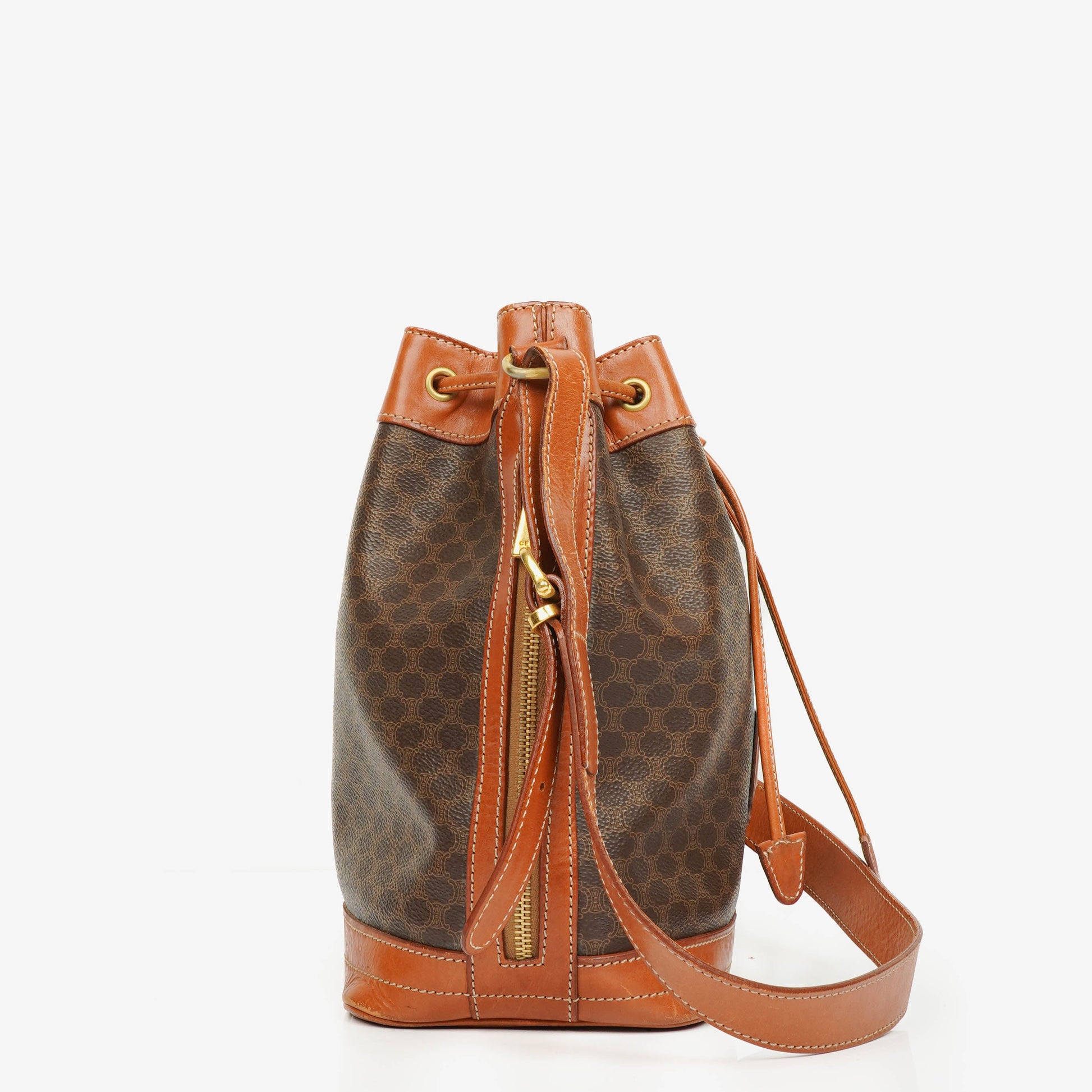 Celine Vintage Macadam Triomphe Bucket Bag mit Zugband in Braun