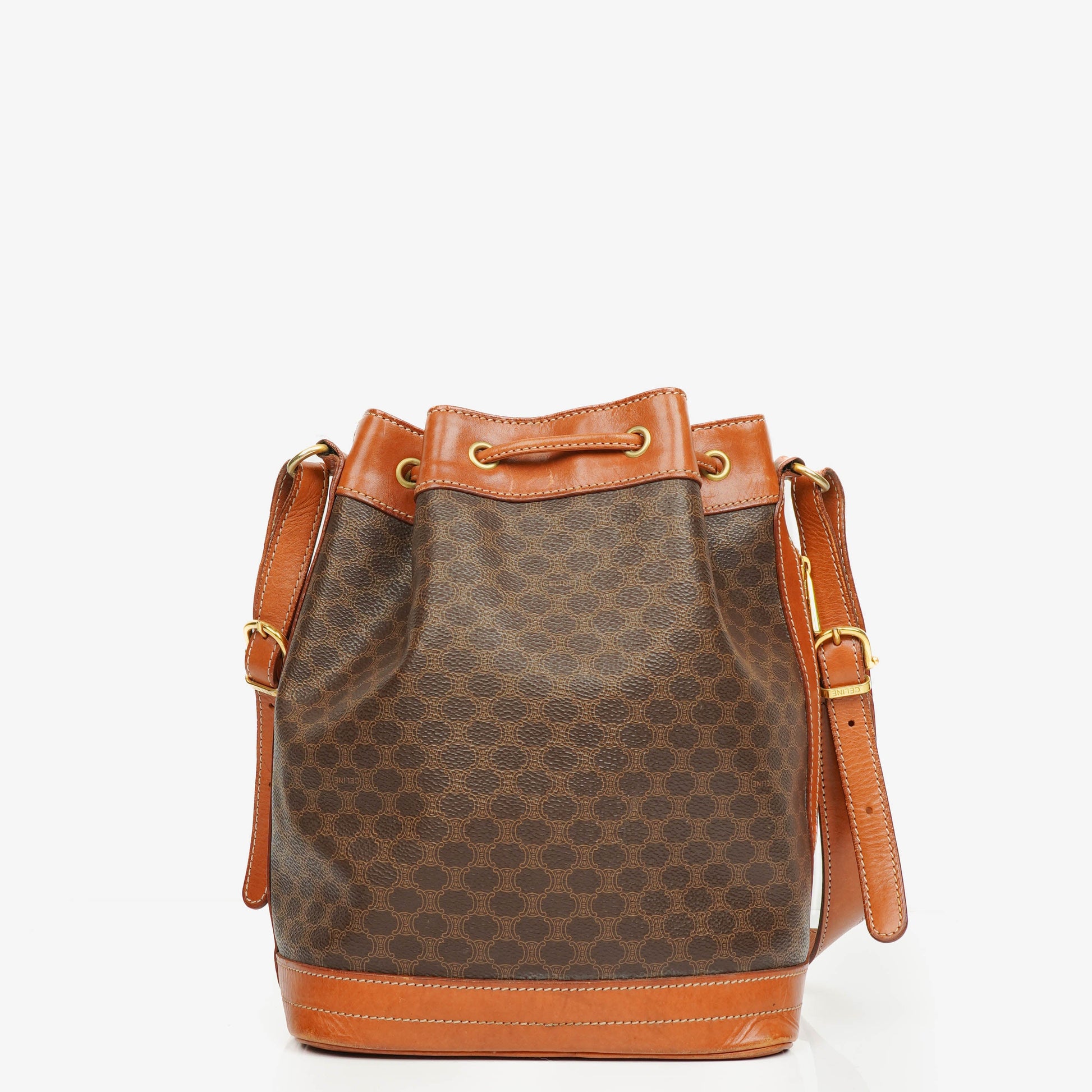 Celine Vintage Macadam Triomphe Bucket Bag mit Zugband in Braun
