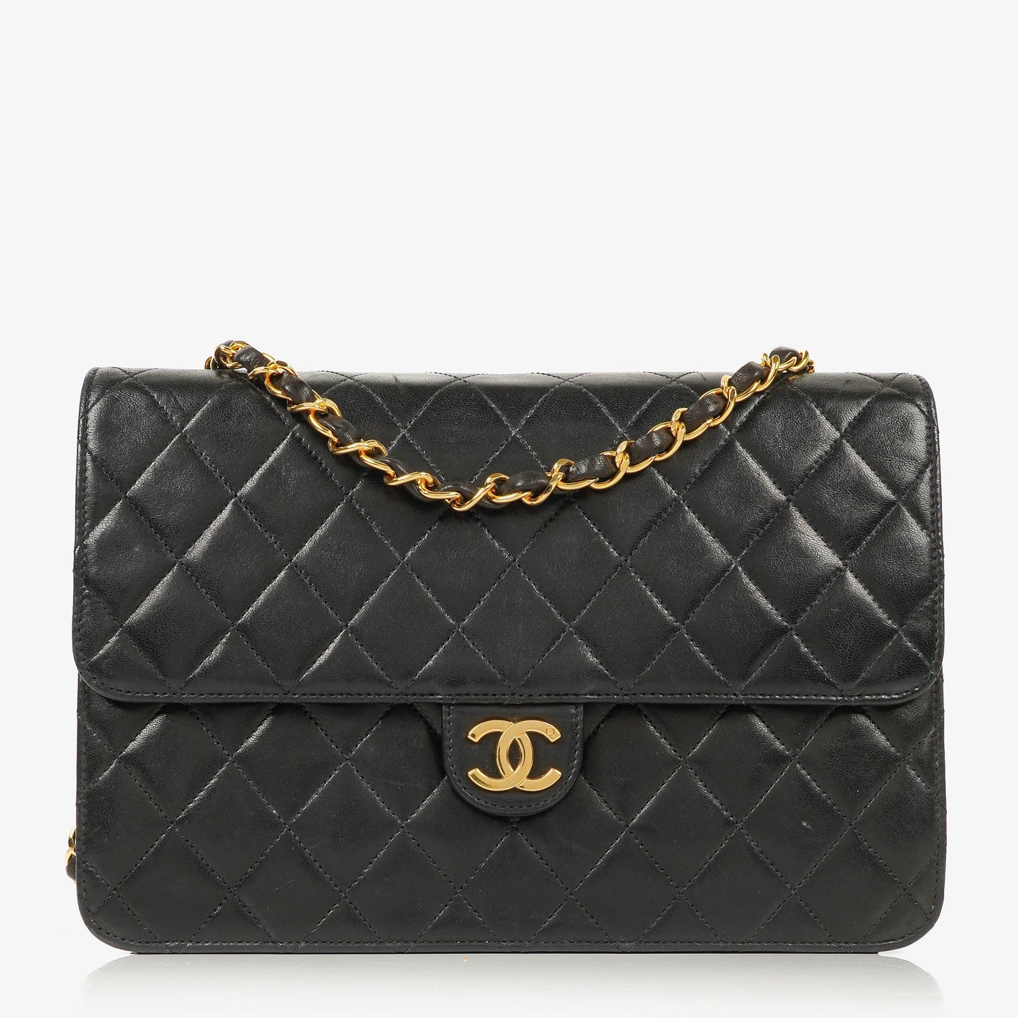 Chanel Medium Classic Single Flap Bag aus schwarzem gestepptem Lammleder mit 24K vergoldeter Hardware