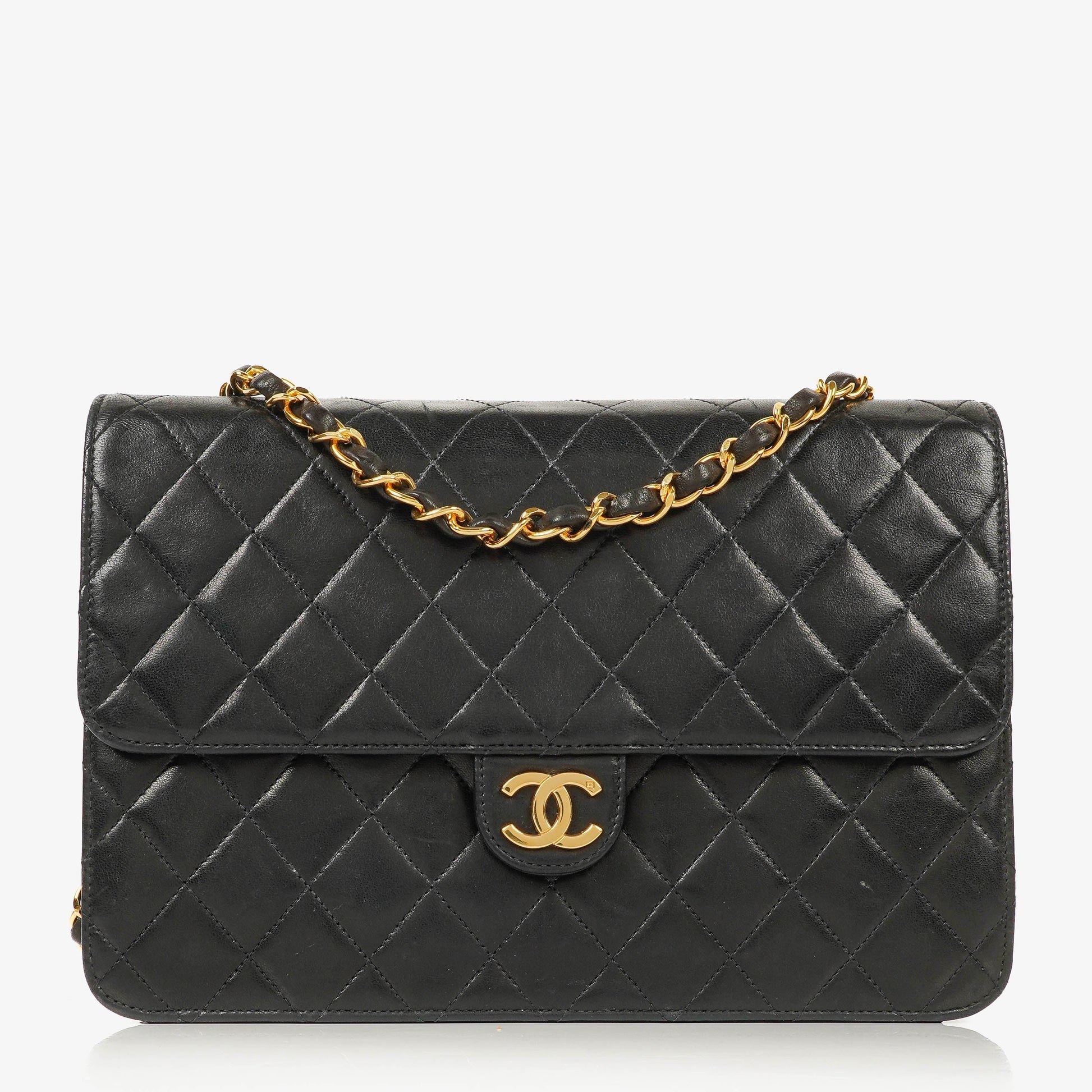 Chanel Medium Classic Single Flap Bag aus schwarzem gestepptem Lammleder mit 24K vergoldeter Hardware