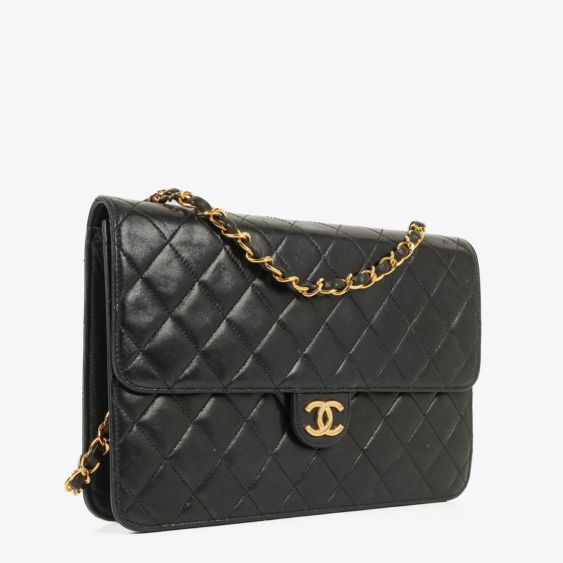 Chanel Medium Classic Single Flap Bag aus schwarzem gestepptem Lammleder mit 24K vergoldeter Hardware
