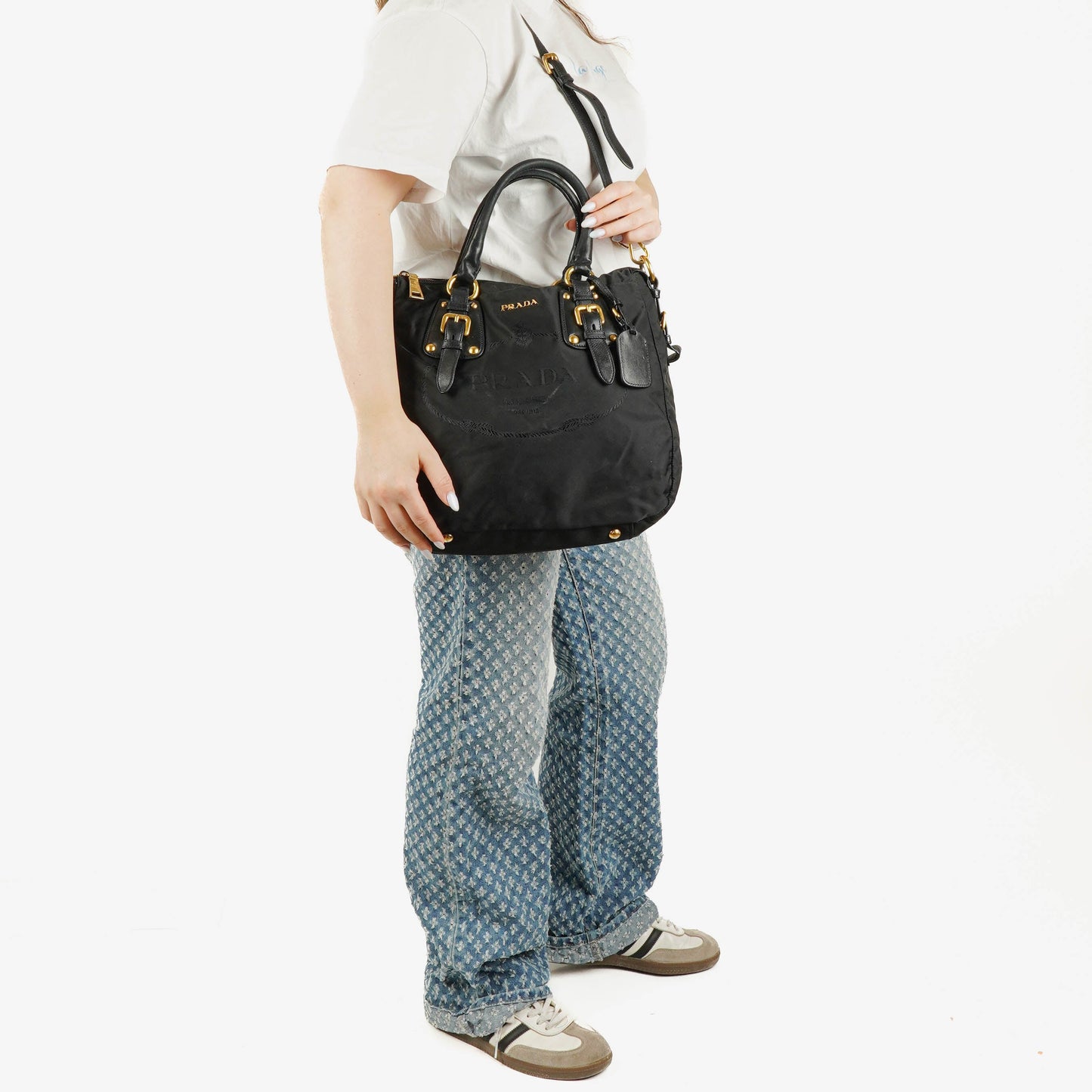 Prada Nero Nylon Logo-Jacquard Henkeltasche
