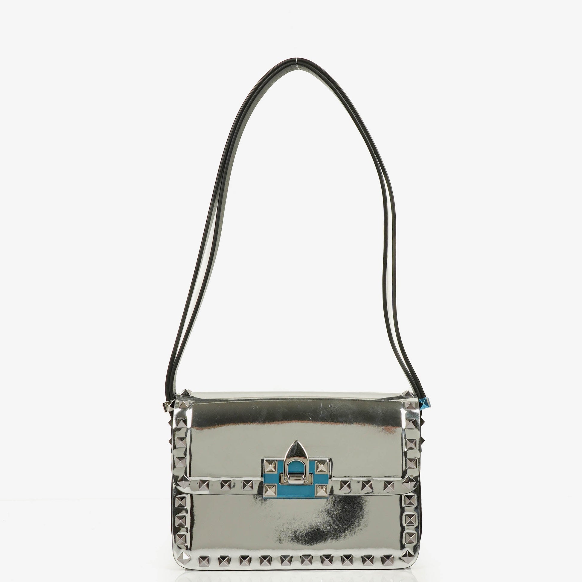 Valentino Garavani kleine Rockstud Schultertasche aus silbernem Spiegel-Kalbsleder