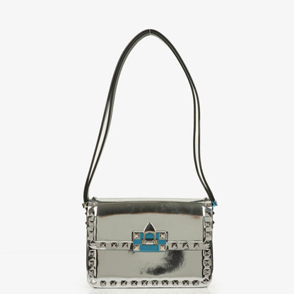 Valentino Garavani kleine Rockstud Schultertasche aus silbernem Spiegel-Kalbsleder