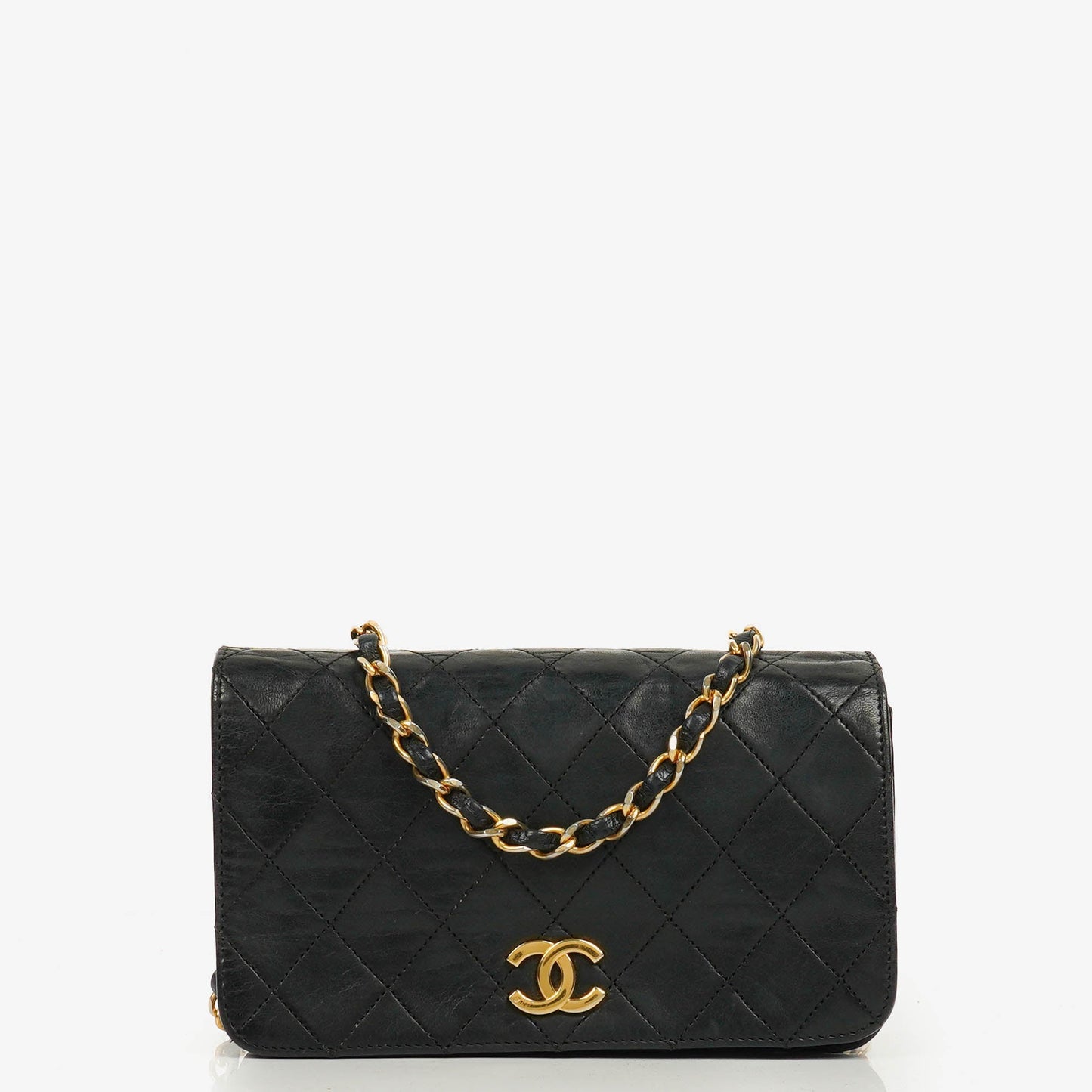 Chanel Classic Full Flap Tasche aus schwarzem gestepptem Leder mit 24K vergoldeten Beschlägen