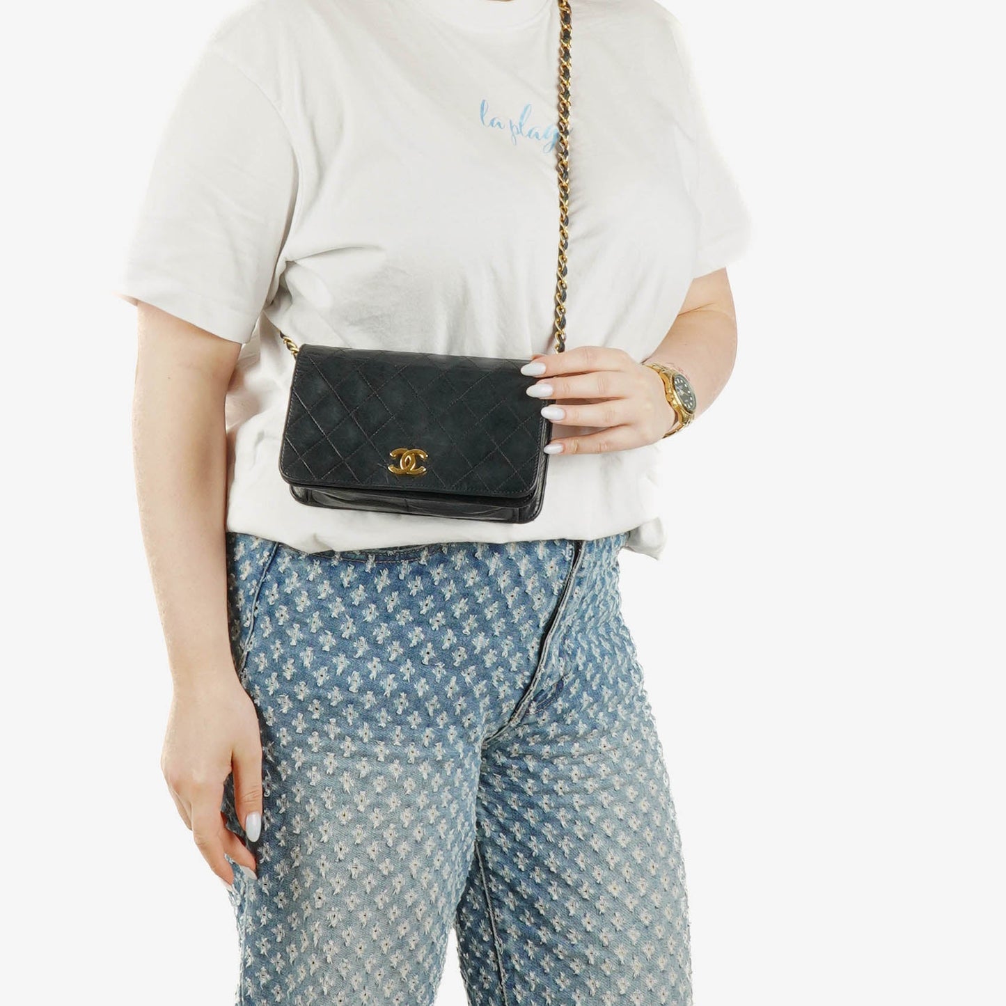 Chanel Classic Full Flap Tasche aus schwarzem gestepptem Leder mit 24K vergoldeten Beschlägen