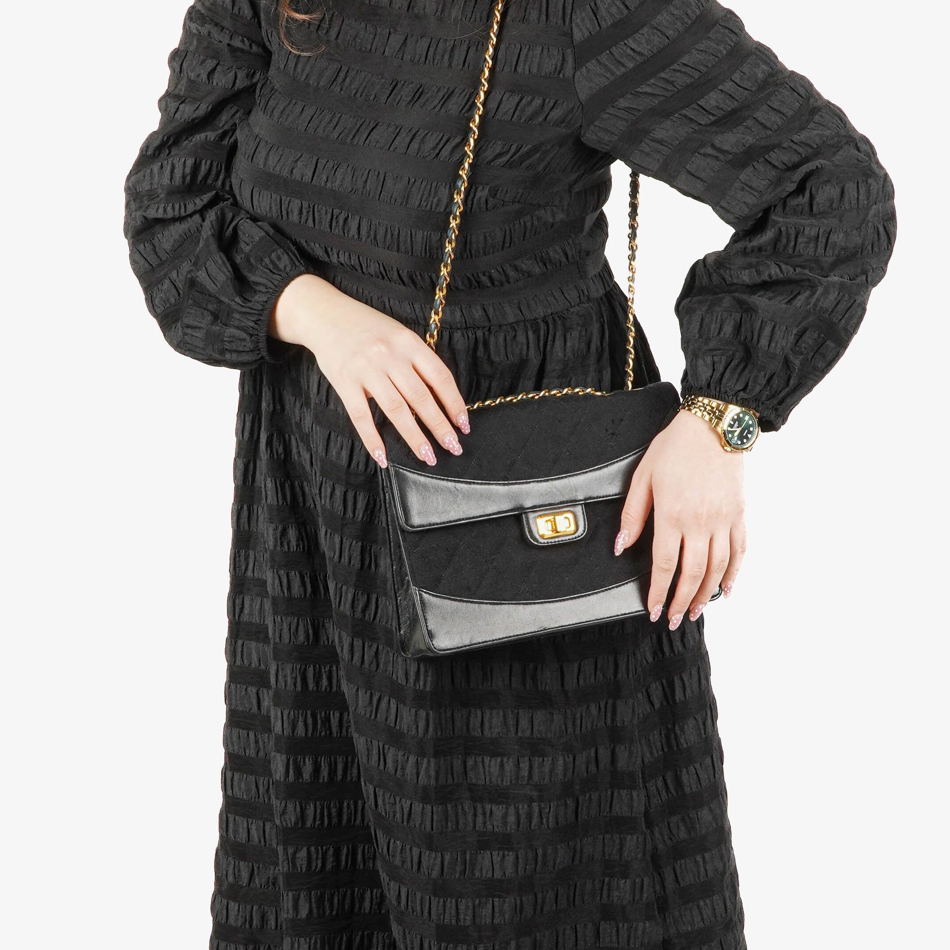 Chanel Classic Single Flap Tasche aus schwarzem Jersey und Leder, 1989-1991