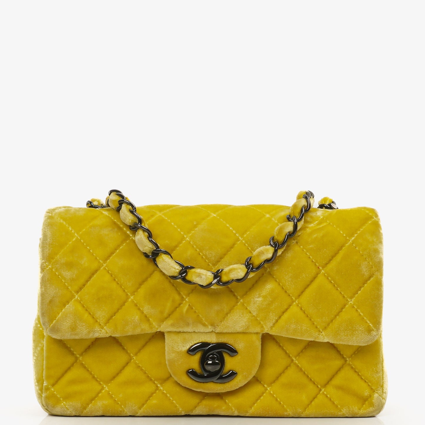 Chanel Mini Rectangular Single Flap Tasche aus gelbem gestepptem Samt mit schwarzer Hardware