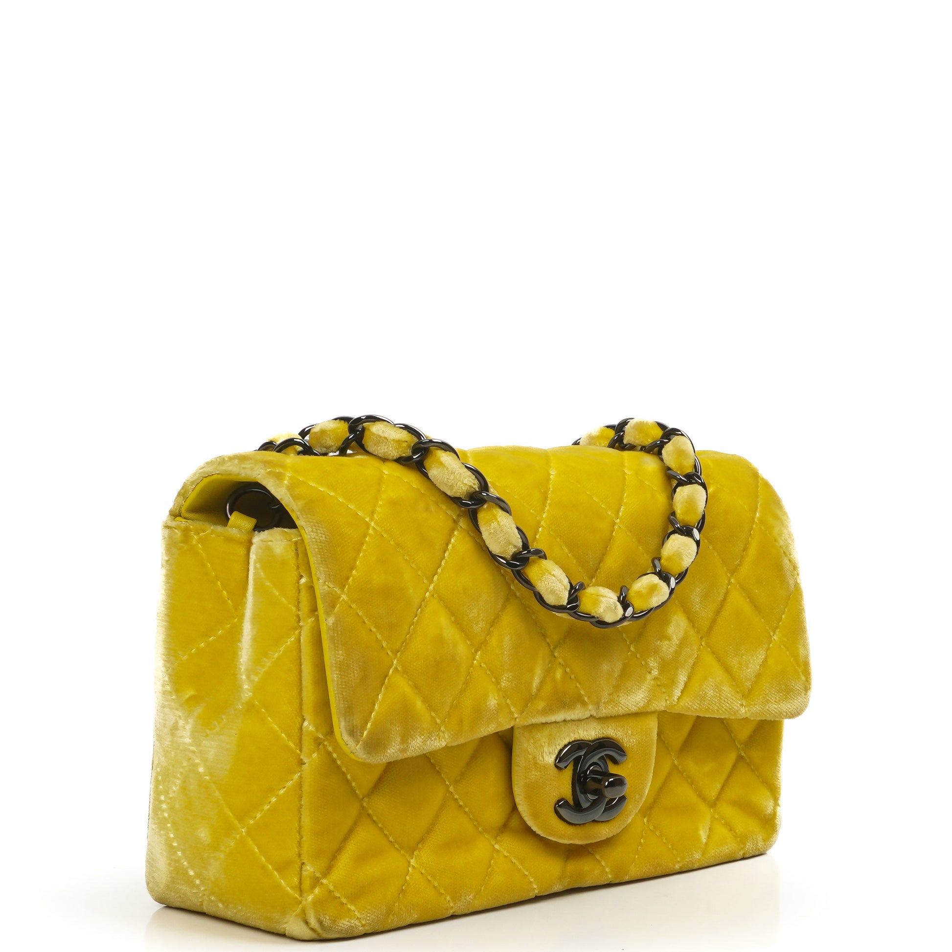 Chanel Mini Rectangular Single Flap Tasche aus gelbem gestepptem Samt mit schwarzer Hardware