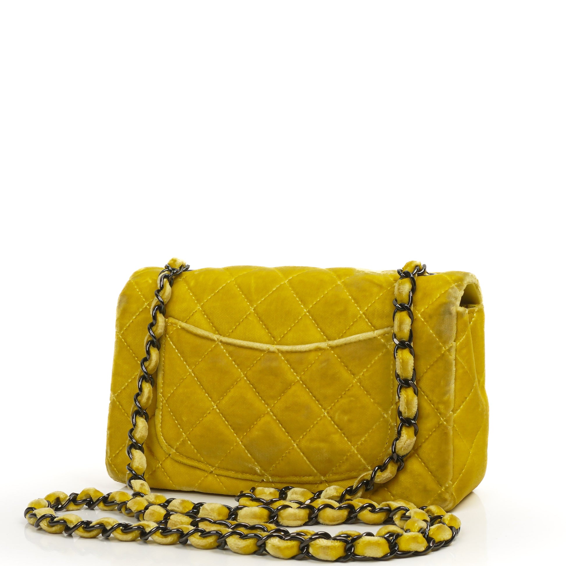 Chanel Mini Rectangular Single Flap Tasche aus gelbem gestepptem Samt mit schwarzer Hardware