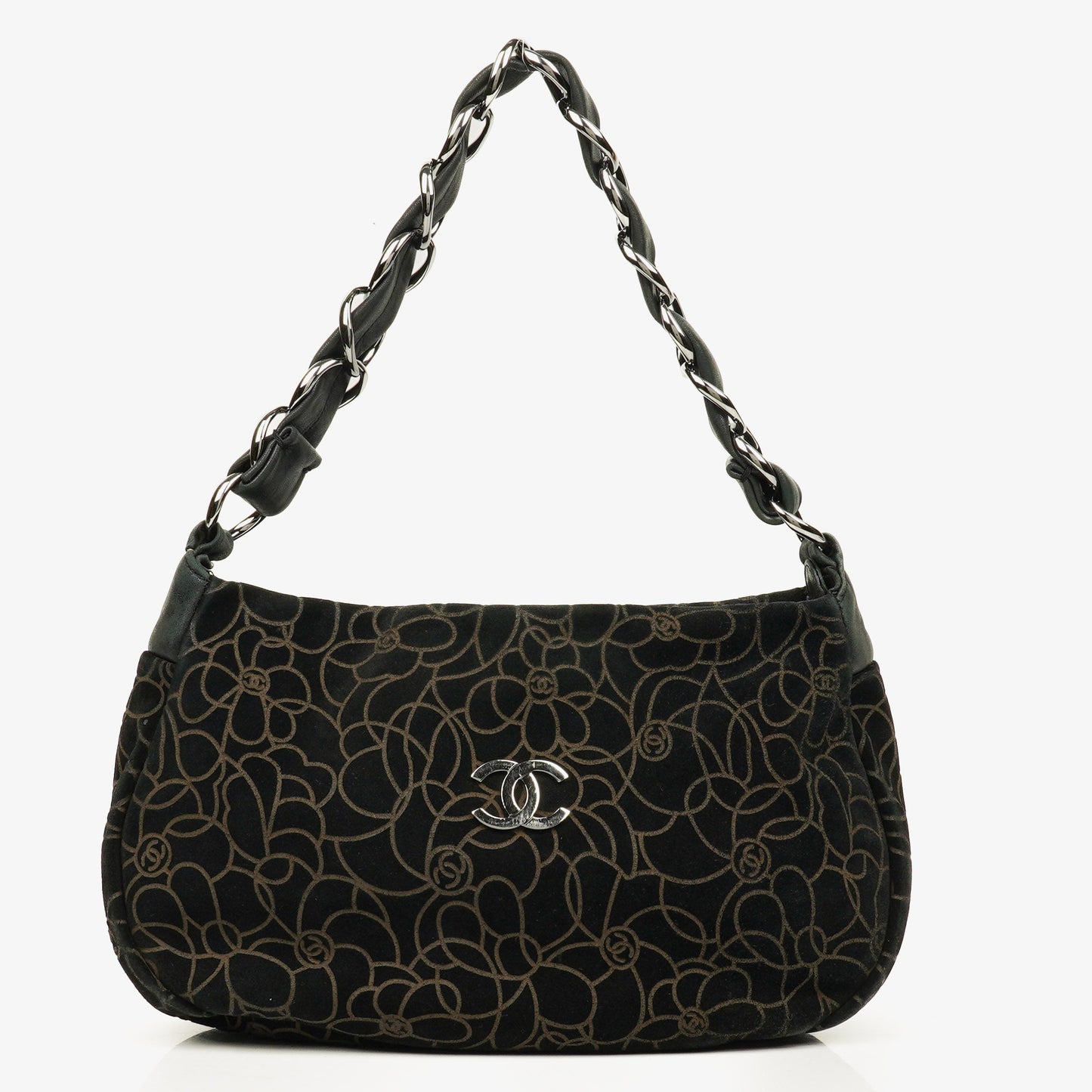 Chanel Camellia Schultertasche aus Wildleder mit Kettenprägung