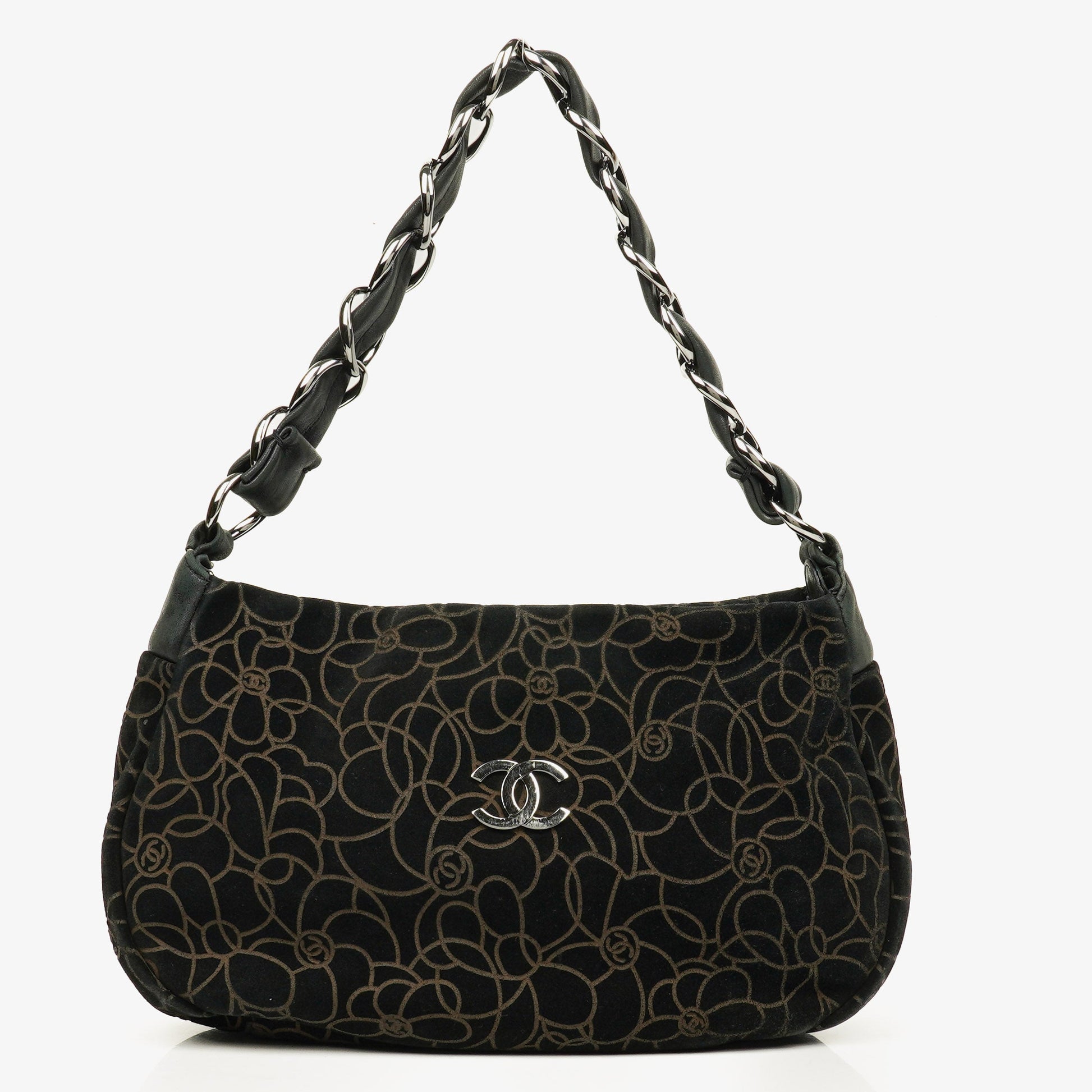 Chanel Camellia Schultertasche aus Wildleder mit Kettenprägung