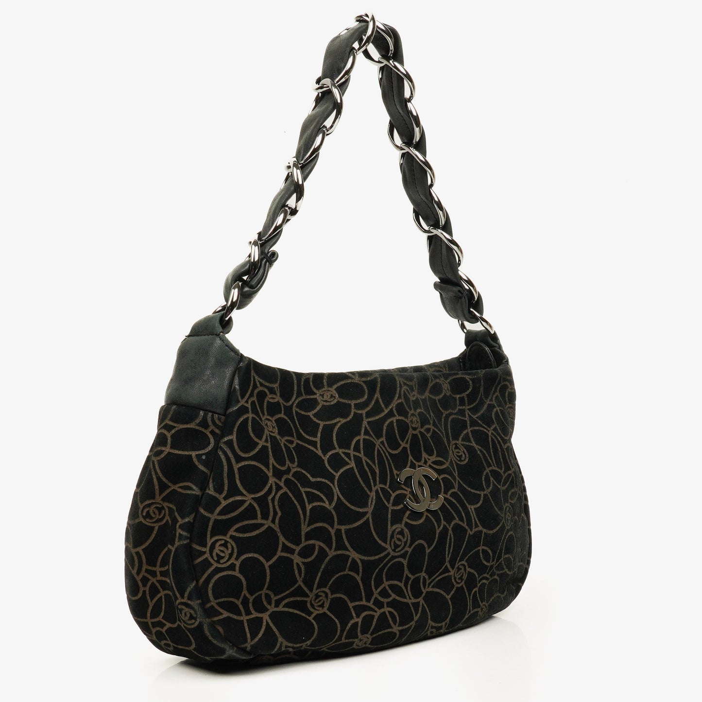 Chanel Camellia Schultertasche aus Wildleder mit Kettenprägung