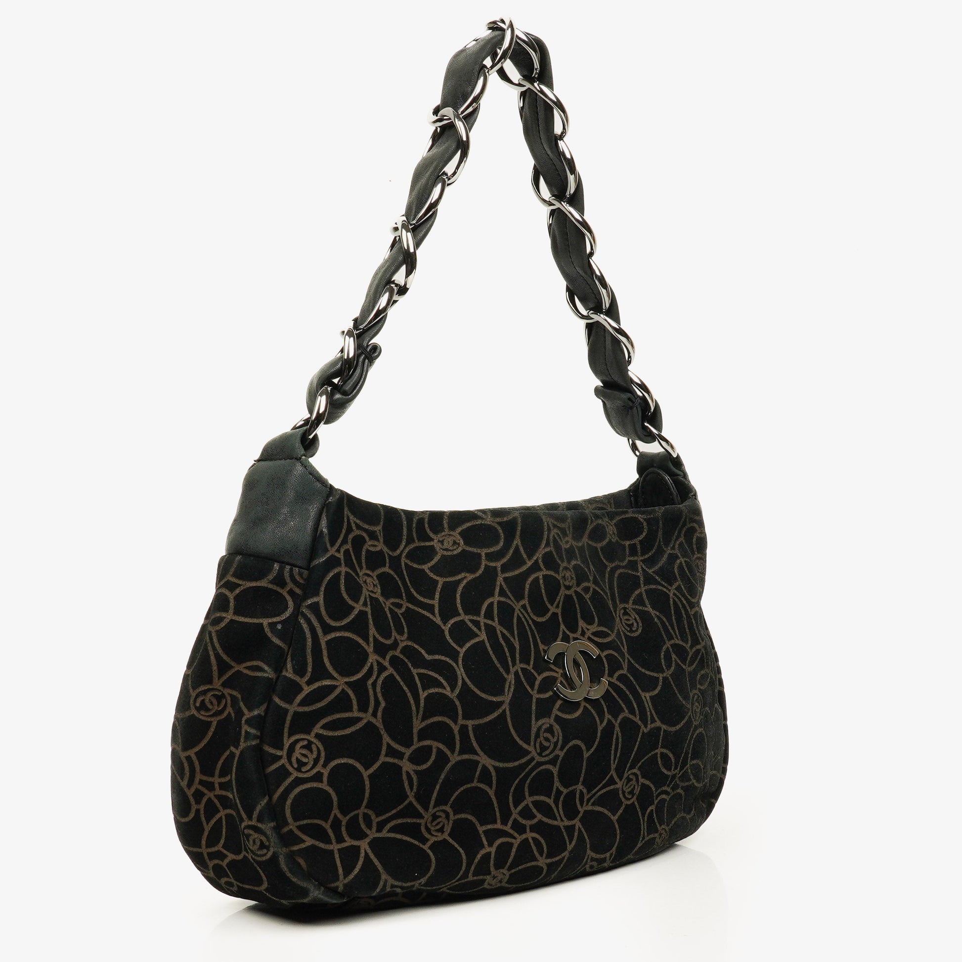 Chanel Camellia Schultertasche aus Wildleder mit Kettenprägung