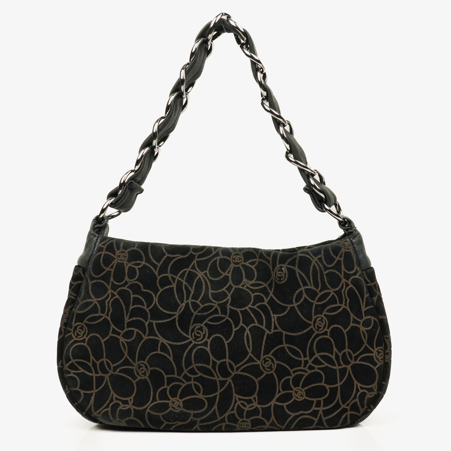 Chanel Camellia Schultertasche aus Wildleder mit Kettenprägung