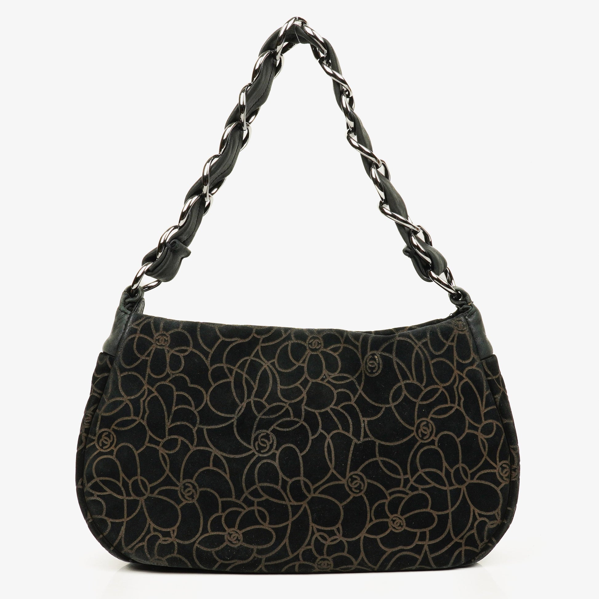 Chanel Camellia Schultertasche aus Wildleder mit Kettenprägung