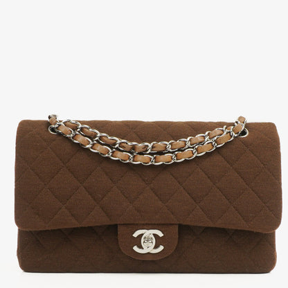 Chanel Vintage Medium Classic Double Flap Tasche aus braunem Jersey mit versilberten Beschlägen