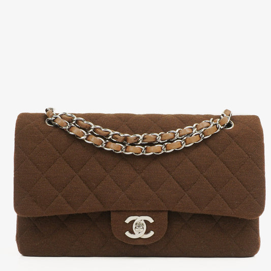 Chanel Vintage Medium Classic Double Flap Tasche aus braunem Jersey mit versilberten Beschlägen
