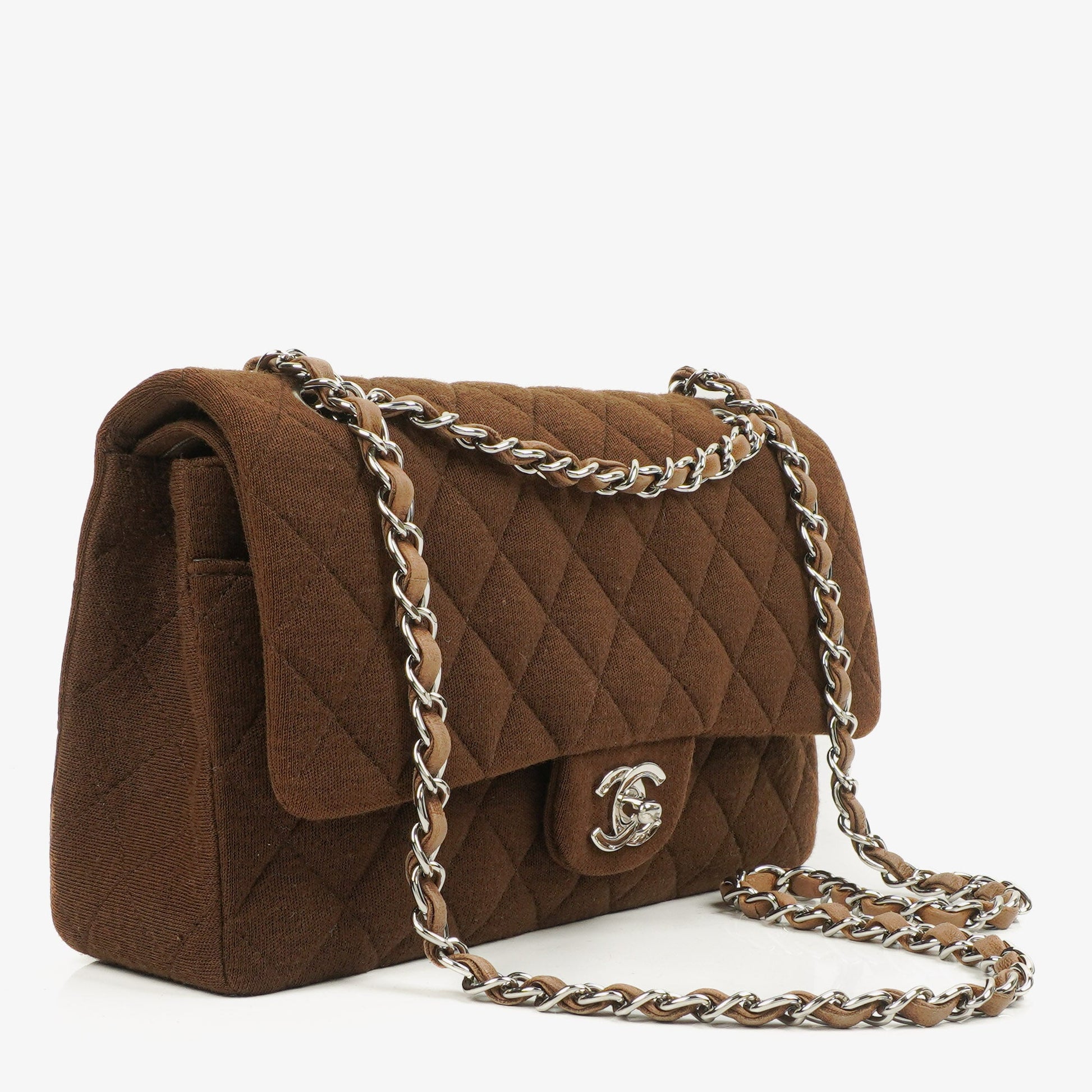 Chanel Vintage Medium Classic Double Flap Tasche aus braunem Jersey mit versilberten Beschlägen