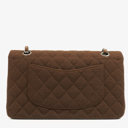 Chanel Vintage Medium Classic Double Flap Tasche aus braunem Jersey mit versilberten Beschlägen
