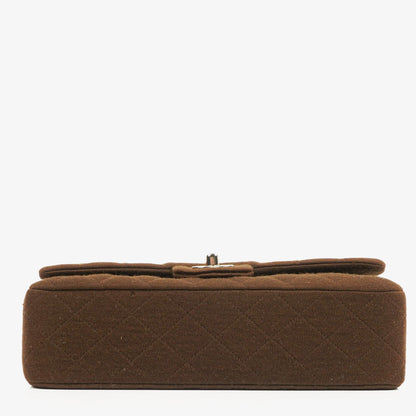 Chanel Vintage Medium Classic Double Flap Tasche aus braunem Jersey mit versilberten Beschlägen