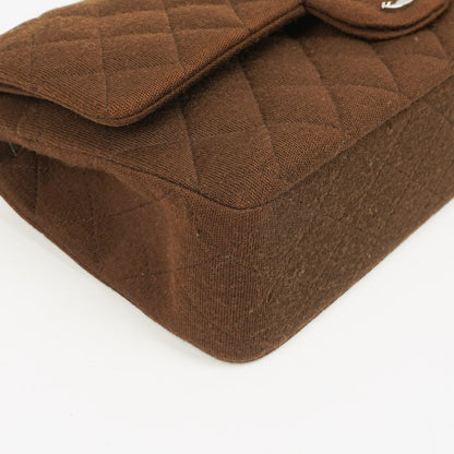 Chanel Vintage Medium Classic Double Flap Tasche aus braunem Jersey mit versilberten Beschlägen