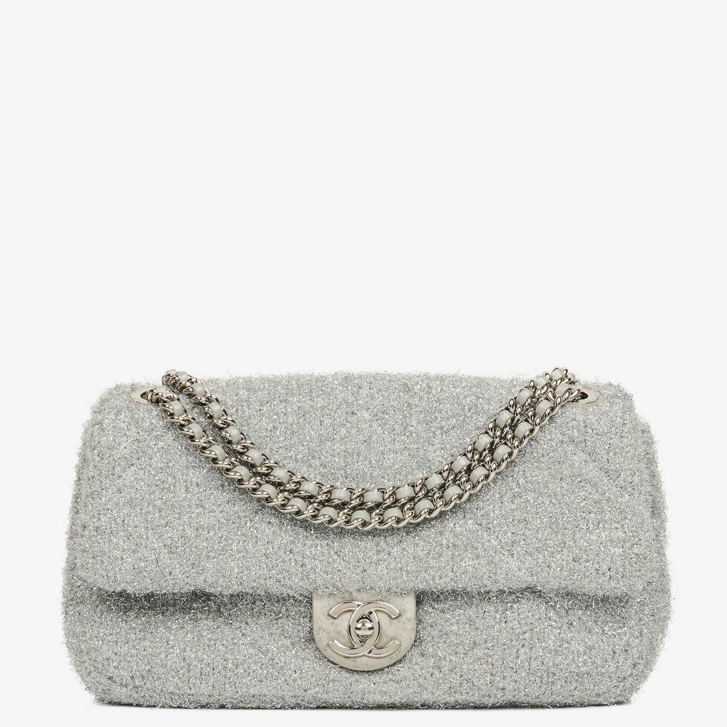 Chanel Medium Flap Bag aus silbernem gestepptem Knit Pluto Glitter