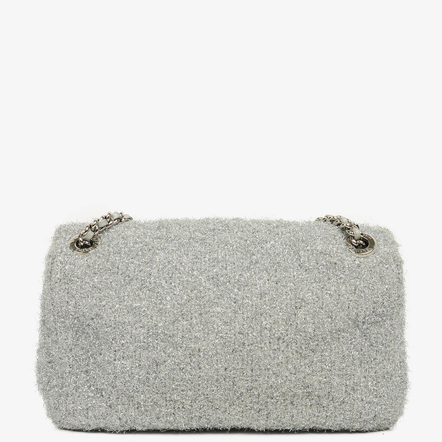 Chanel Medium Flap Bag aus silbernem gestepptem Knit Pluto Glitter