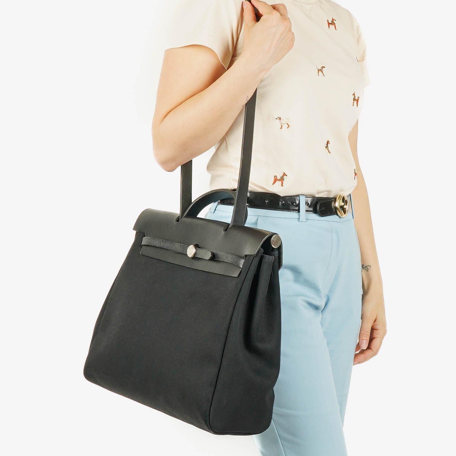 Hermès Herbag MM 2-in-1 Bag aus Canvas und schwarzem Vache Hunter