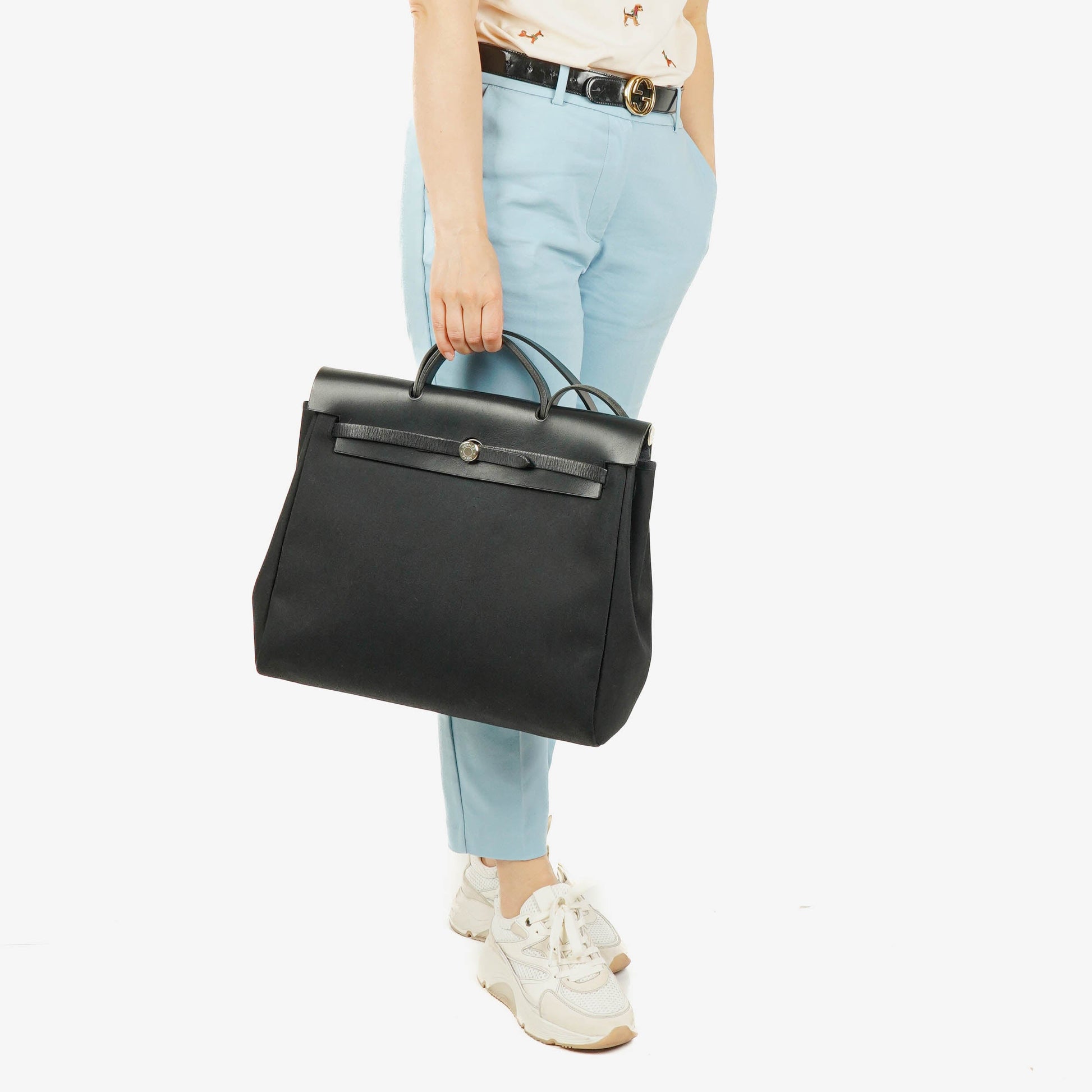 Hermès Herbag MM 2-in-1 Bag aus Canvas und schwarzem Vache Hunter