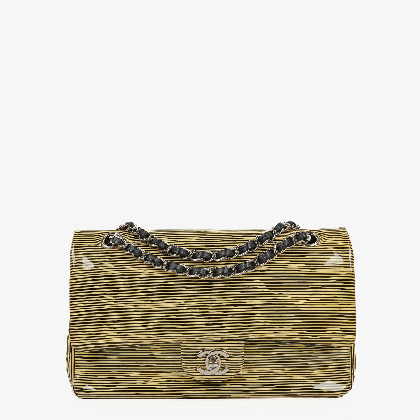 Chanel Timeless Classic Double Flap Tasche aus gestreiftem Lackleder mit silberfarbenen Beschlägen