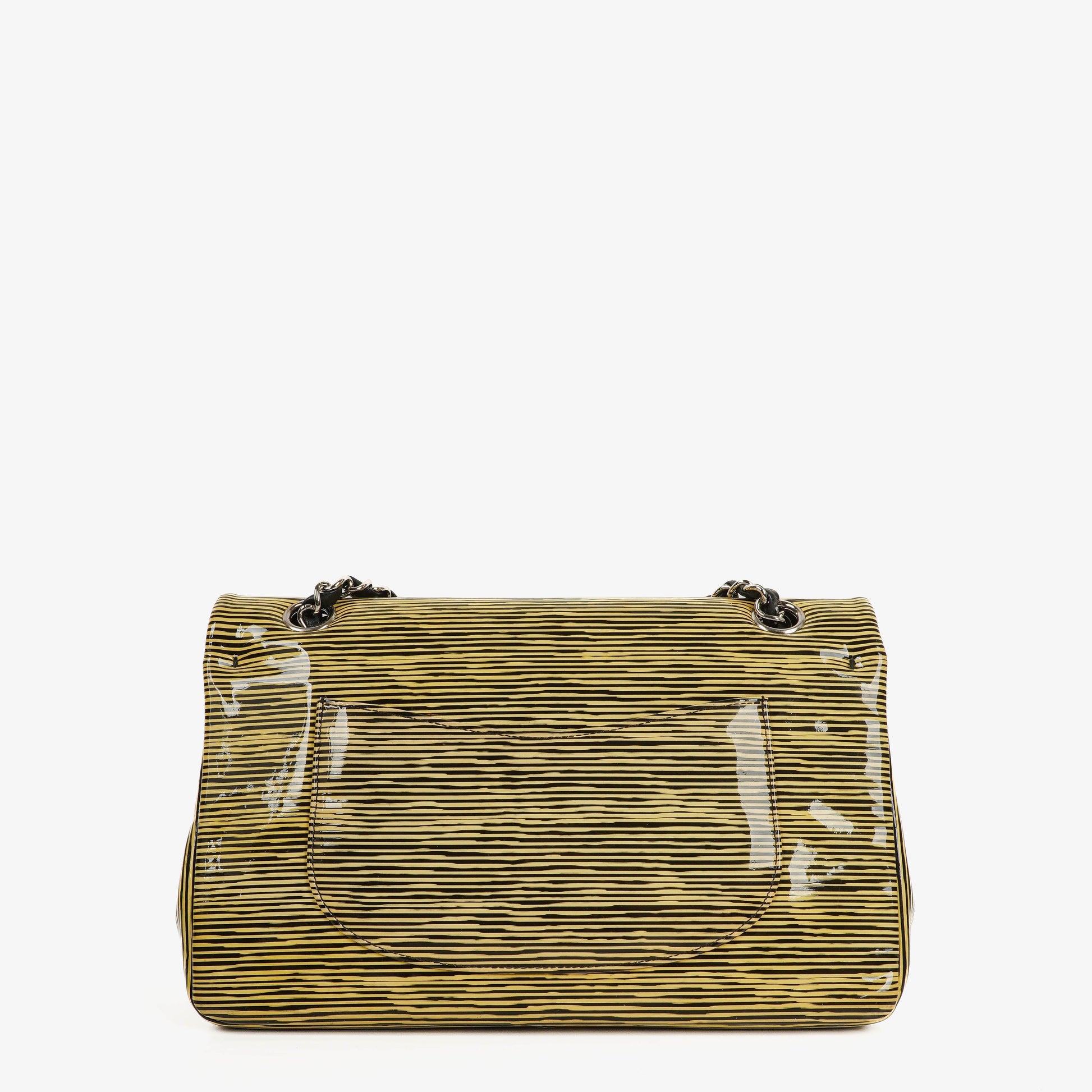 Chanel Timeless Classic Double Flap Tasche aus gestreiftem Lackleder mit silberfarbenen Beschlägen