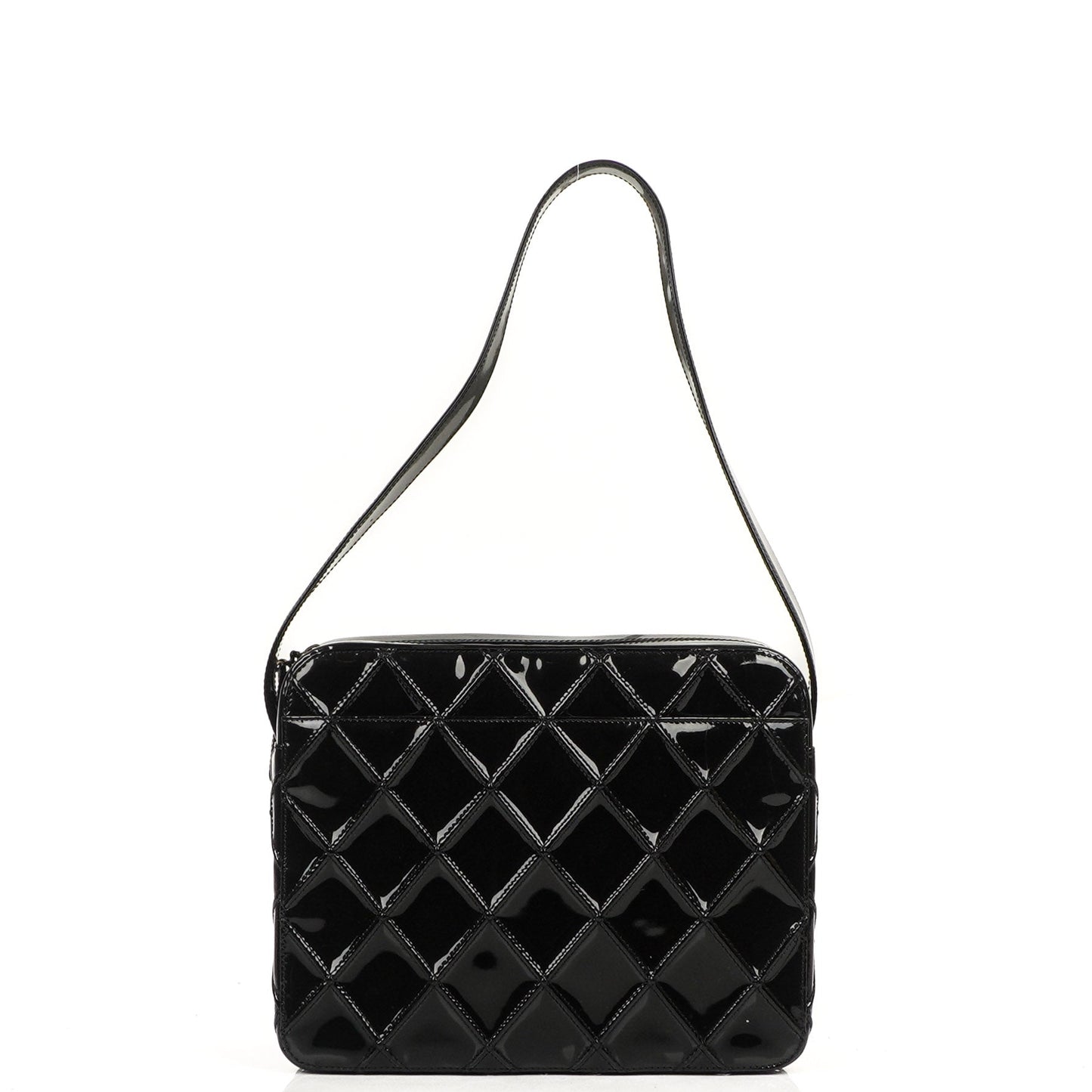 Chanel Diamond Stitch Schultertasche aus schwarzem gestepptem Lackleder