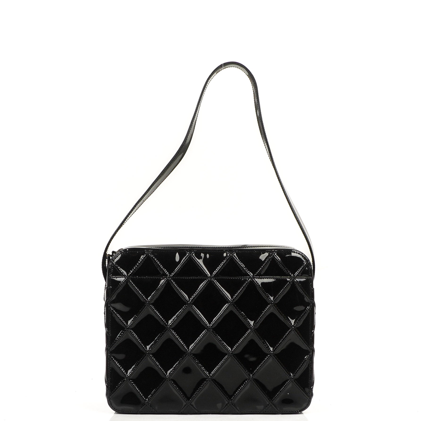 Chanel Diamond Stitch Schultertasche aus schwarzem gestepptem Lackleder