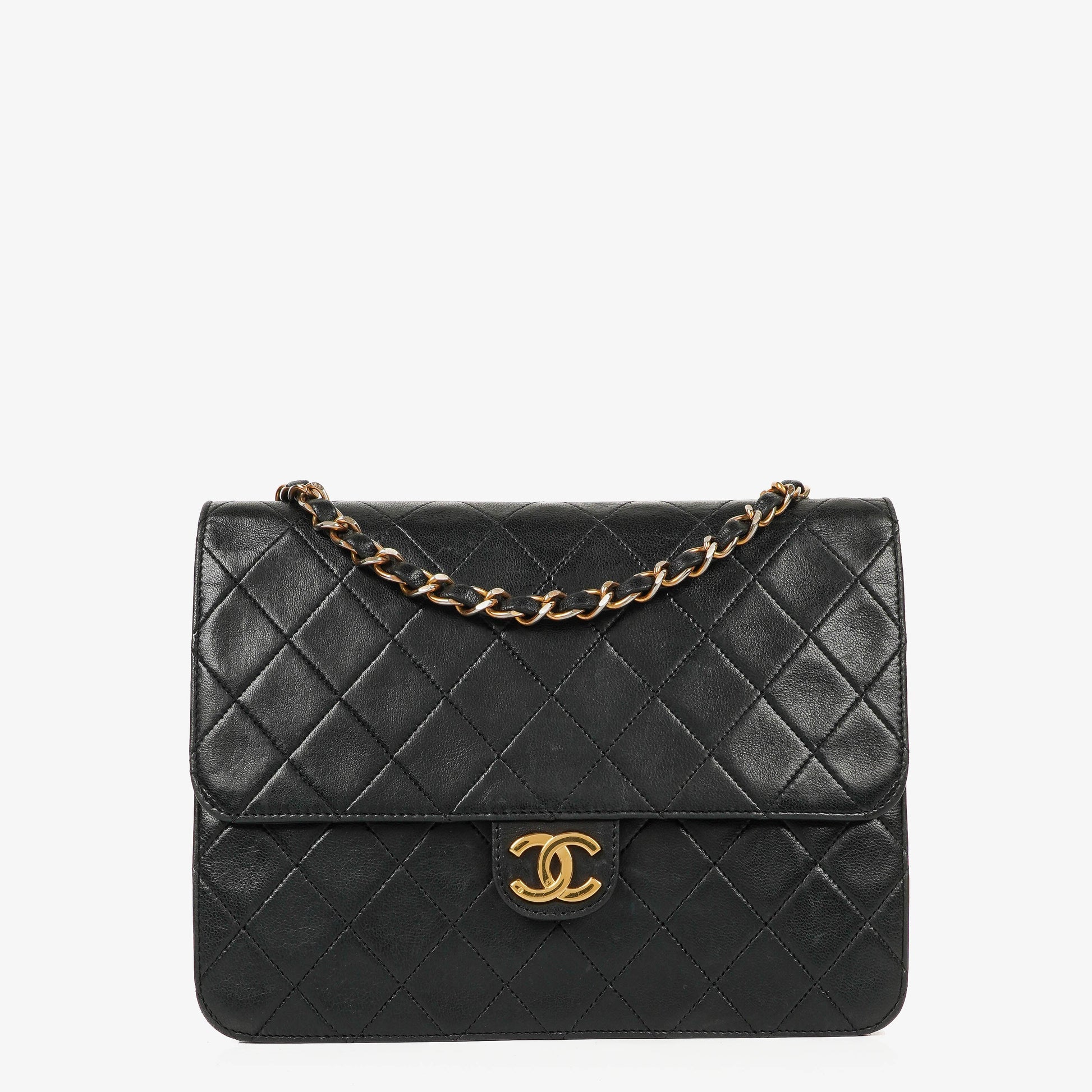 Chanel Kleine Classic Single Flap Tasche aus schwarzem gestepptem Lammleder mit 24K vergoldeten Beschlägen