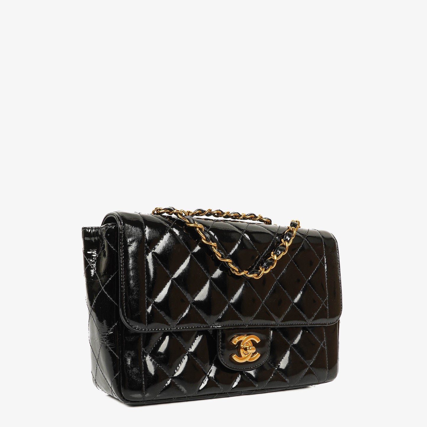 Chanel Single Flap Tasche aus schwarzem gestepptem Lackleder mit 24K vergoldeten Beschlägen
