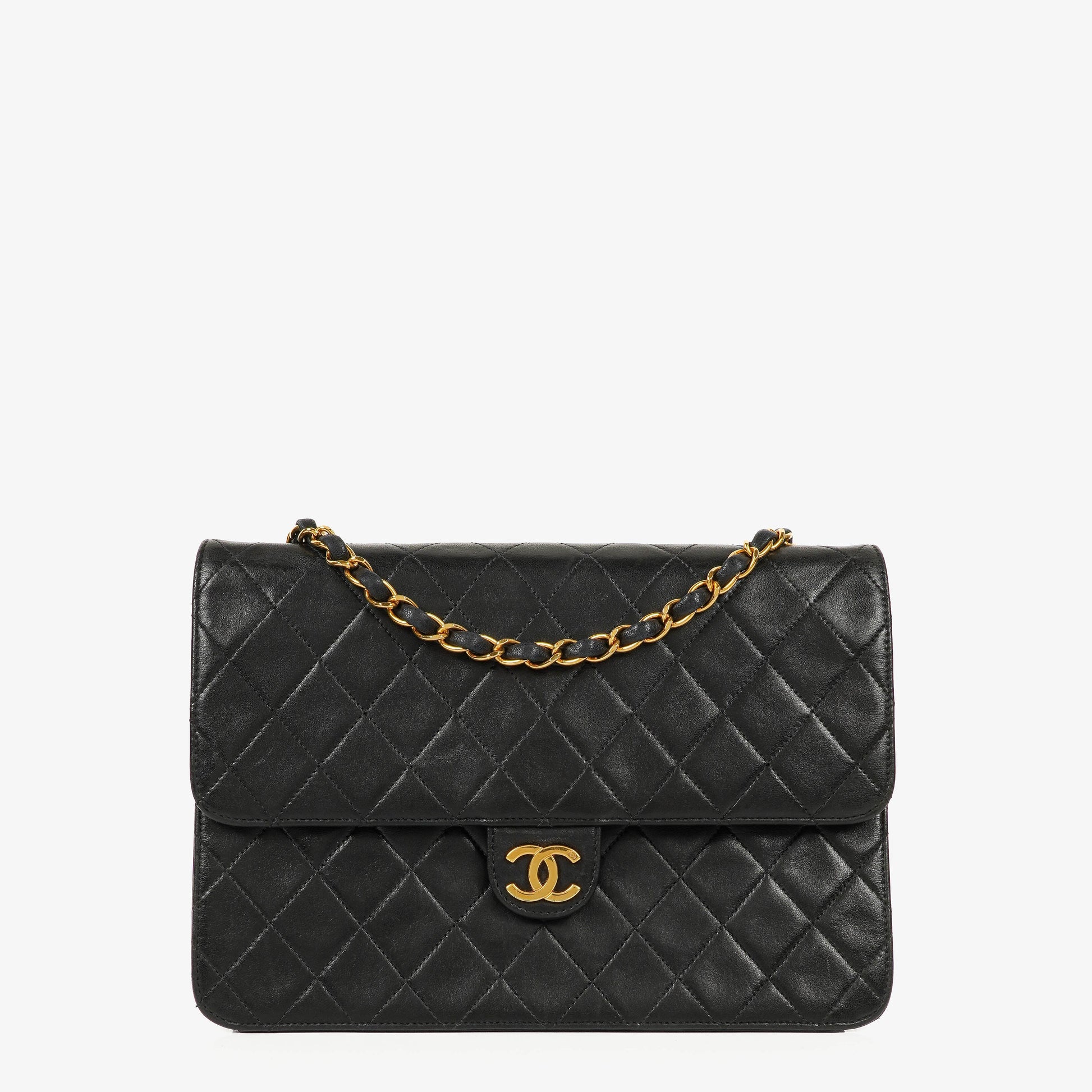 Chanel Medium Classic Single Flap Tasche aus schwarzem gestepptem Lammleder mit 24K vergoldeter Hardware