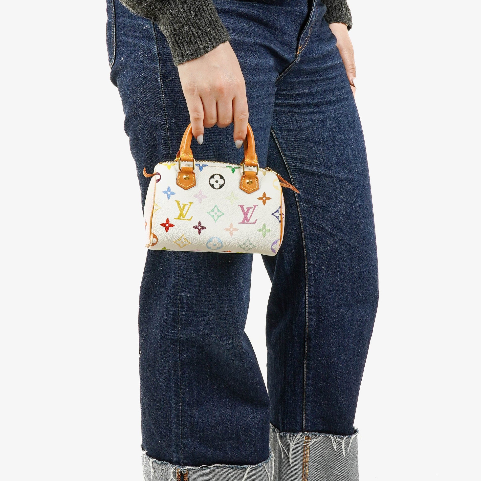 Louis Vuitton Takashi Murakami Nano Speedy Mini-Tasche aus weißem Multicolour Monogram beschichtetem Canvas