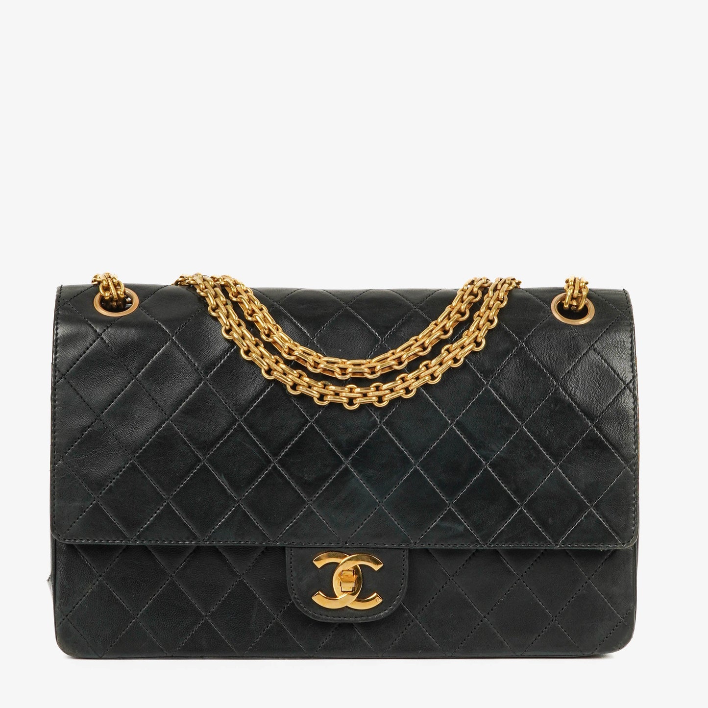 Chanel Vintage Medium Timeless Classic Double Flap Tasche aus schwarzem gestepptem Lammleder mit 24K vergoldeter Hardware und Mademoiselle-Kette