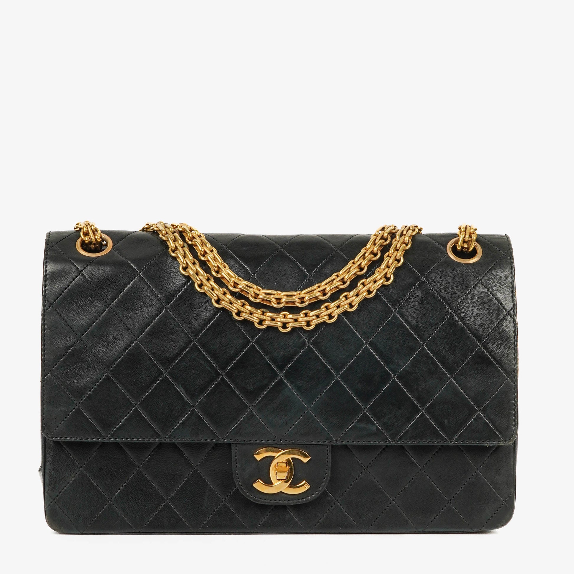 Chanel Vintage Medium Timeless Classic Double Flap Tasche aus schwarzem gestepptem Lammleder mit 24K vergoldeter Hardware und Mademoiselle-Kette